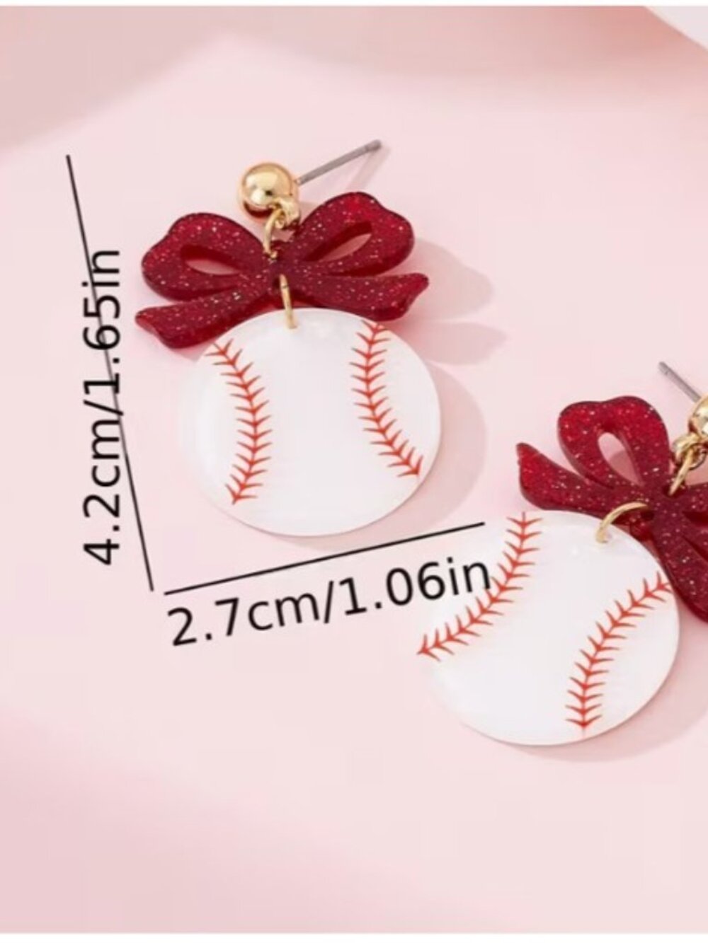 Red & White Bows Baseball Statement Dangle Earrings (NEW & SO CUTE!) - Picture 3 of 4
